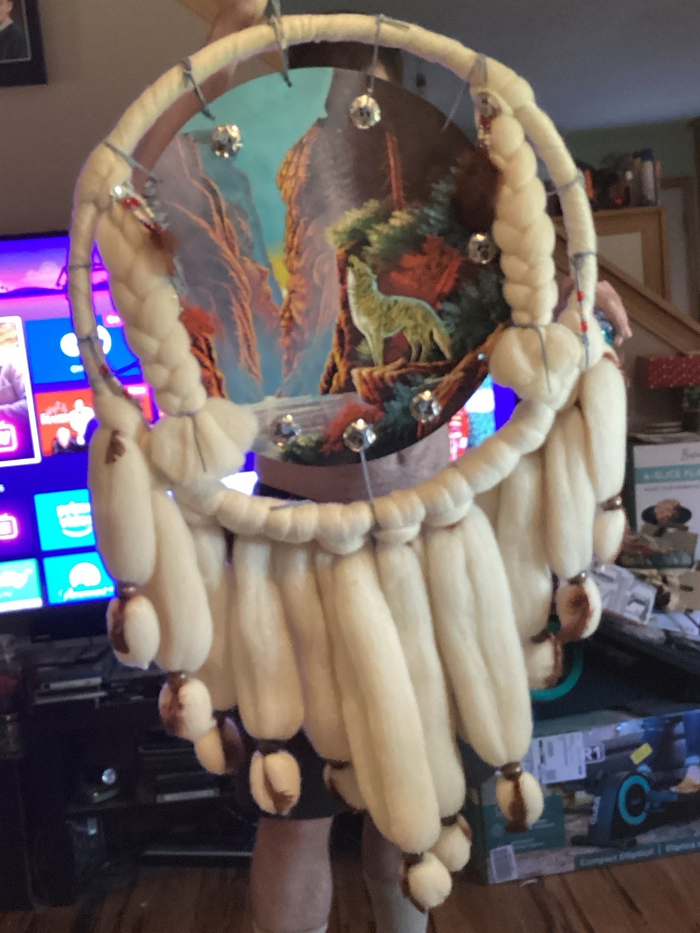 Cream Dreamcatcher Wall Art with Wolf Centerpiece